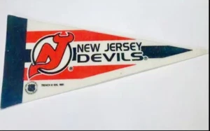 Vintage New Jersey Devils NHL Feltro Mini Pennant 4 x 9 NHL Mini Flag 1991 Hockey - Foto 1 di 7