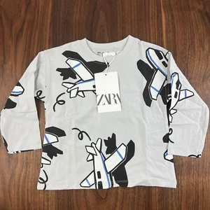 Zara NWT Toddler Long Sleeve Crew Neck Tee Gray 9-12 Months Airplane Print - Picture 1 of 5