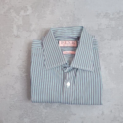 Thomas Pink Striped Shirt Mens 16 Slim Fit Collar Blue Green French Cuff Formal - Image 1 of 4