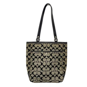Auth COACH Signature Lunch Tote 1464 Beige Black Jacquard Leather - Tote Bag - Picture 1 of 10