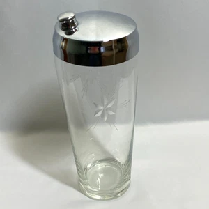 Vintage Cocktail Drink Shaker Etched Floral Cut Clear Glass Chrome Top - Picture 1 of 16