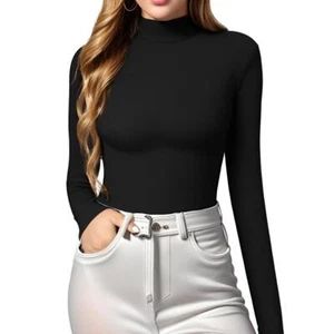Women's Mock Turtle Neck Slim Fit Half Elbow Long Sleeve T Shirt Tight Tops Tee - Picture 1 of 14