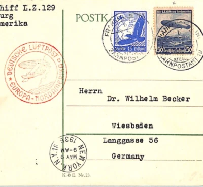 GERMANY Card HINDENBURG ZEPPELIN Air Mail 1936 *NORDAMERIKA* USA Wiesbaden LZ313 - Image 1 of 4