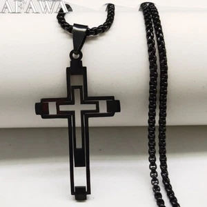 Cadena Para Hombre Stainless Steel Regalos Cumpleaños Hombres Cruz Negro - Picture 1 of 11