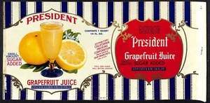 1949 Paper Label President Grapefruit Juice California Packing - Scarce - Picture 1 of 2