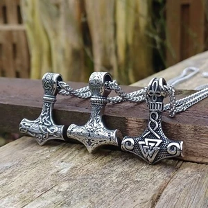 Thor's Hammer Viking Pendant Stainless Steel Mjolnir Norse Celtic Men's Necklace - Picture 1 of 8