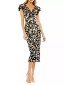 Vestido Mac Duggal Negro Multi Floral Embellecido Flutter Manga Gorra Talla 16 $498 - Imagen 1 de 3