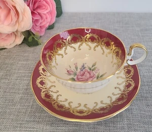 Vintage Aynsley Cup & Saucer Pink Rose, Maroon, Gold Gilt; Bone China, England - Picture 1 of 7