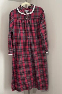 Lanz of Salzburg Red Plaid Eyelet Cotton Flannel Long Nightgown Women Small S - Picture 1 of 6