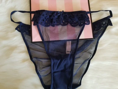 VICTORIA'S SECRET LARGE DREAM ANGELS EYELET LACE STRING BIKINI PANTY NAVY BLUE - Image 1 of 4