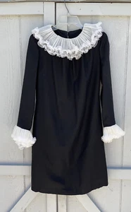 Vtg black Goth Dress Ladies Union Made white ruffled layer sleeves & collar sz B - Picture 1 of 19