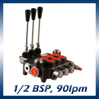 3 Bank Hydraulic Double Acting Lever Spool Valve, 1/2 / 3/4 BSP Ported, 90lpm - Image 1 of 4