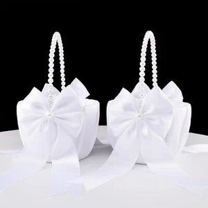 2 PSC Wedding Flower Girl Basket Pearl Handle Cute Flower Basket for Flower G... - Picture 1 of 7