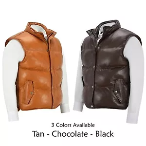 Men's Genuine Soft Lambskin Leather Bubble Puffer Vest Black & Tan Jacket Brown - Picture 1 of 32