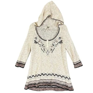 Free People Baja Kapuzen Tunika Pullover Pulli lockerer Strick creme mit Stickerei, M - Bild 1 von 15