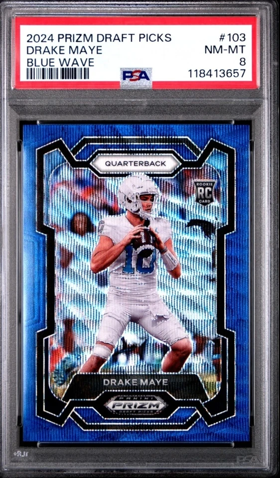 Drake Maye PSA 8 PANINI PRIZM 2024 DRAFT PICKS BLUE WAVE ROOKIE RC #'d /249  - Image 1 of 2