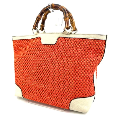 GUCCI Bamboo Handles Straw Mesh Orange Tote Bag White  Leather Authentic - Image 1 of 4