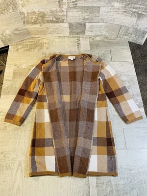 Cárdigan suéter para mujer Loft frente abierto drapeado para mujer talla XS pequeño beige a cuadros Foto 1 de 4