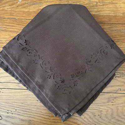 Leaf Scroll Cutwork Set Of 12 Fabric Napkins Country Farmhouse Chocolate Brown - Image 1 of 4