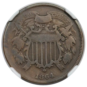 1864 Two Cent Piece, Small Motto, NGC VG10 - Picture 1 of 4