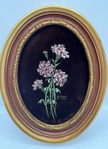 Vintage Hand-Painted In Velvet Floral Art in Oval Gilt Frame 7”x8” Signed DIANA - Picture 1 of 8