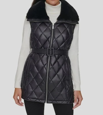 Calvin Klein Women's Black Belted Faux Fur-Collar Vest Coat Jacket Size XL - Image 1 of 2