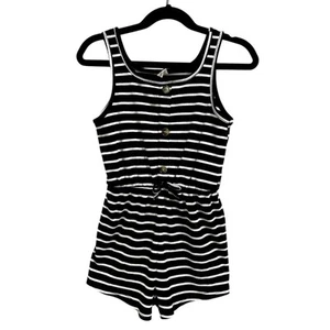 Girls Black + White Striped Cotton Romper Button Detail Size Youth 7 - Picture 1 of 3