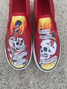 ED HARDY No Lace Tattoo You SKULL FIRE Sneakers Womens Sz 8 BRAND NEW ❤️blt11j5 - Picture 1 of 13