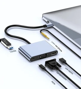 Type C to HDMI VGA 3.5mm Earphone USB3.0 PD87W 5in1 Docking Station Hub Adapter - Picture 1 of 10