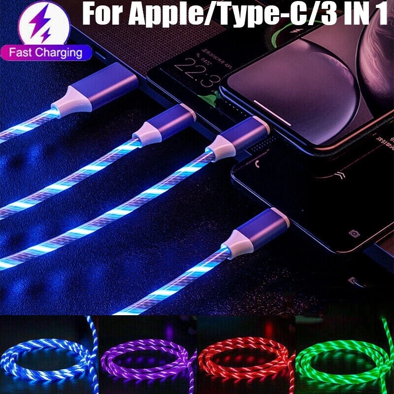 Glowing LED Light Cable 3 in 1 Fast Charging Cord Type C Micro USB For Phone - image 1 of 4