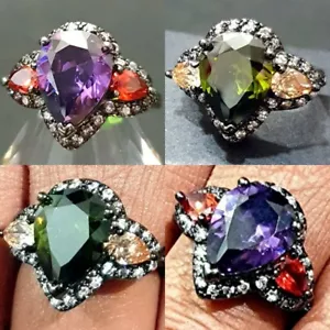 Big Rhodium CZ Crystal Zirconia Geometric Triple Pear Cut Sparkly Cocktail Ring - Picture 1 of 29