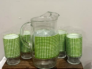 Vintage Anchor Hocking Fire King Green Gingham Water Pitcher & 4 Glasses (14D) - Picture 1 of 11