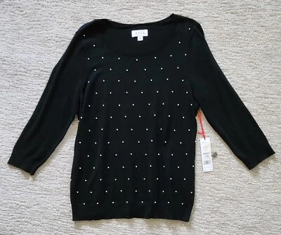 NUEVO CON ETIQUETAS ELLE Jersey Negro Suéter, Tachuela Perla Imitación, Manga 3/4 (L) Cuello Redondo Foto 1 de 4