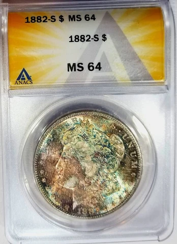 1882-S Morgan Dollar ANACS MS 64 Textile Rainbow Bag Toned STUNNING Gem BU Cover