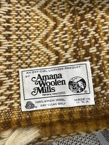 AMANA Mills USA 100% Wool Throw Blanket w/ Fringe Yellow & Brown 54.5x64 Nice! - Picture 1 of 6