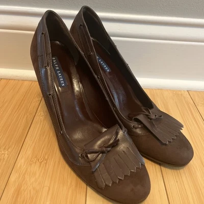 RALPH LAUREN Collection Black Label Suede Brown Leather Kiltie Heels ITALY Sz 10 - Image 1 of 4