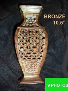 Vintage Bronze Vase, Chinese Style Perforated/ See thru holes 10.5" high incense - Picture 1 of 9