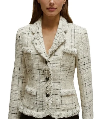 Chaqueta Blazer Lia Lee Suave Tweed Cuadros Blanco Negro Borde con Flecos Talla Grande Foto 1 de 4