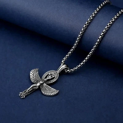 Gioielli Egiziani Ciondolo Argento Iside Dea Ankh Croce con Occhio di Horus Collana - Immagine 1 di 4