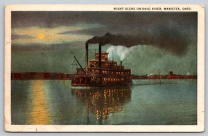 Postcard Ohio Marietta Night Scene on River Moonlight Steamship Posted 1927 OH - Picture 1 of 2