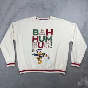 Disney Sweatshirt Womens Large Beige Donald Duck Bah Humbug Embroidered Pullover - Picture 1 of 8