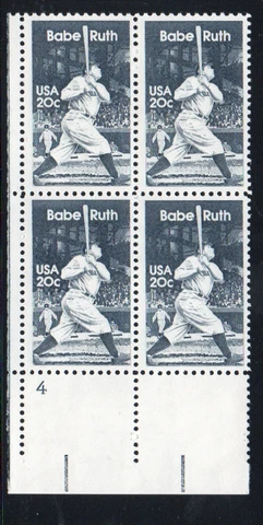 ALLY'S US Plate Block Scott #2046 20c Babe Ruth - Baseball [4] MNH F/VF [STK] Cover