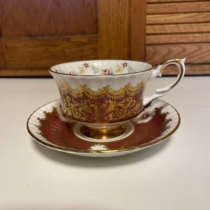 PARAGON TRENTON Maroon Plum & Gold Footed Cup & Saucer Set Bone China ENGLAND - Picture 1 of 6