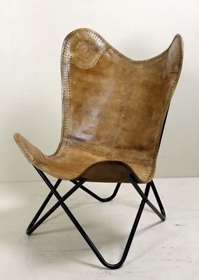 Handmade Antique Leather Lounge Accent Butterfly Relax Arm Chair Vintage Folding - Image 1 of 3