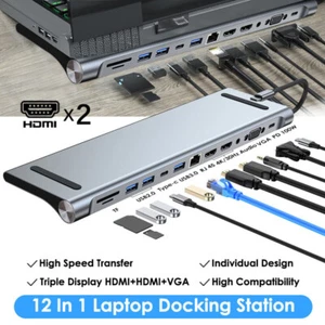 12in1 Dockingstation USB C Dual Monitor Dock Dreifach Display Ladefunktion HDMI. - Afbeelding 1 van 20