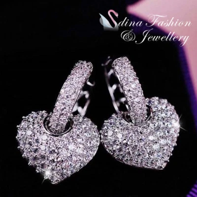 18K White Gold Filled Made With Swarovski Zirconia Studded Heart Hoop Earrings Foto 1 de 4