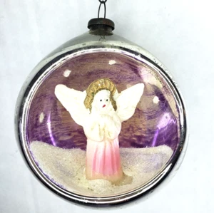 Vintage Mercury Glass Diorama Indent Angel in Snow Christmas Ornament Japan 3D - Picture 1 of 4
