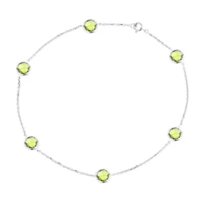 14K White Gold Anklet Bracelet With Round Shape Peridot Gemstones 9.5 Inches - Image 1 of 2