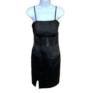 Small XOXO Black Satin Cocktail Dress Faux Leather Accent Party Event  Size 5 6