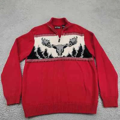 Chaps Sweater Mens Medium Red Knit Holiday Christmas Stretch Moose Stag 1/4 Zip - Image 1 of 4
